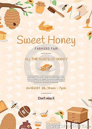 Honey farming poster. Cartoon honeycomb, bee, pod, flowers, pancake, honey jar vector illustration. Brochure, poster Vector Illustration