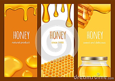 Honey flyers. Sweet realistic honey, honeycomb, gold splashes. Vector farm fresh food banners template Vector Illustration