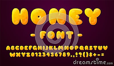 Honey font. Round letters, juicy color type design. Soft sweet alphabet, cartoon candy number. Yellow typography Stock Photo