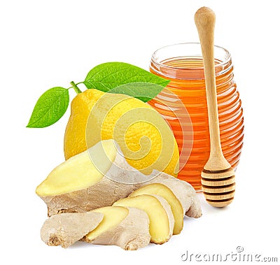 Honey, ginger and lemon isolated on white background Stock Photo