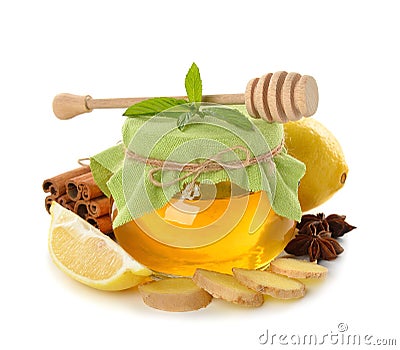 Honey, ginger, lemon and spices Stock Photo