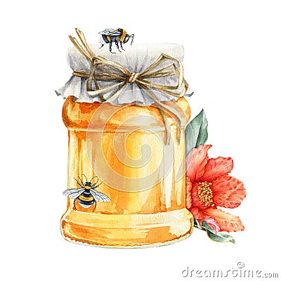 Honey glass jar with bee and flowers watercolor image. Realistic organic healthy nutrition illustration. Honey pot close Cartoon Illustration