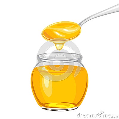 Honey in glass jar and dripping from spoon isolated on white background. Vector illustration of natural sweets Vector Illustration