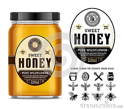 Honey glass jar mockup with label and icons Vector Illustration