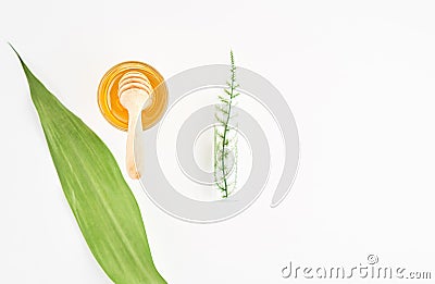 Honey glass and spoon have round shape for easy mixing. for mockup on white background. Stock Photo