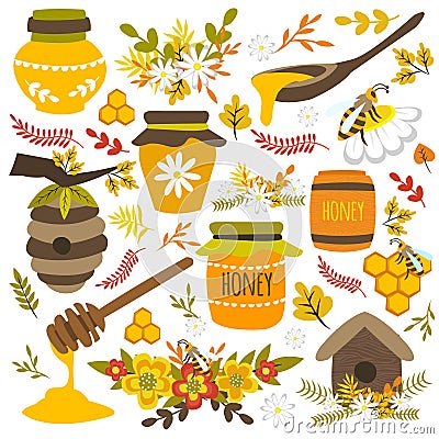 Honey Hand Drawn Elements Vector Illustration