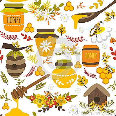 Honey Hand Drawn Seamless Pattern Vector Illustration