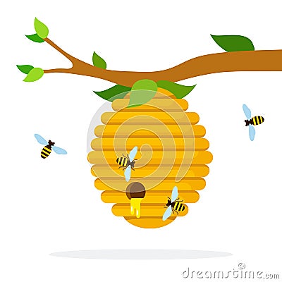 Honey hive with bees hanging on a branch flat isolated Vector Illustration