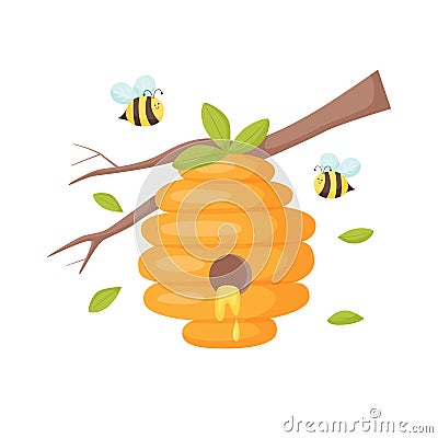 Honey hive with bees hanging on a branch. Isolated illustration for honey label, products, package design Vector Illustration