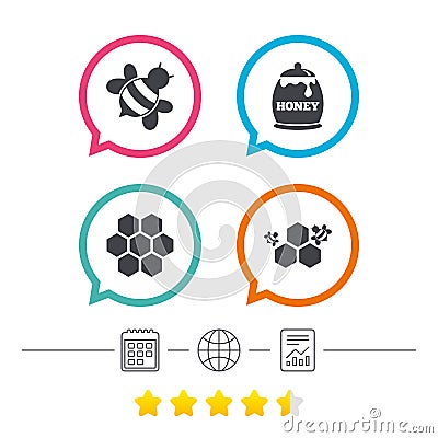 Honey icon. Honeycomb cells with bees symbol. Vector Illustration