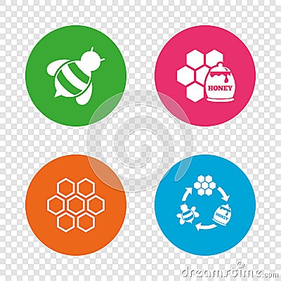 Honey icon. Honeycomb cells with bees symbol. Vector Illustration