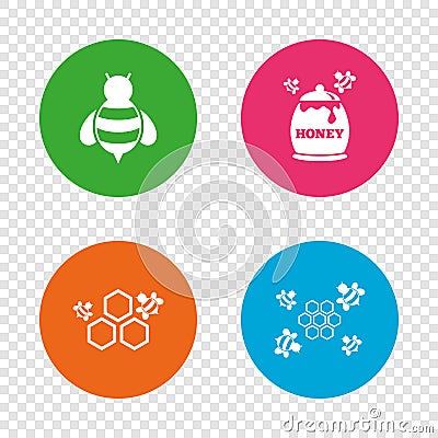 Honey icon. Honeycomb cells with bees symbol. Vector Illustration