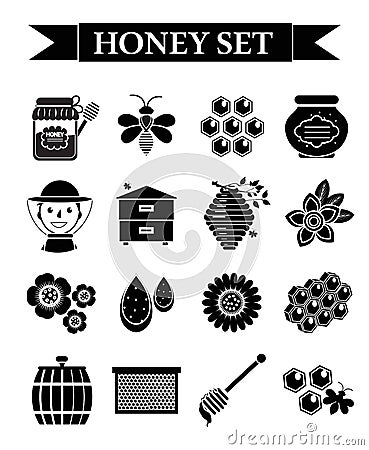 Honey icons set, black silhouette style. Beekeeping collection of objects isolated on white background. Apiculture kit Vector Illustration