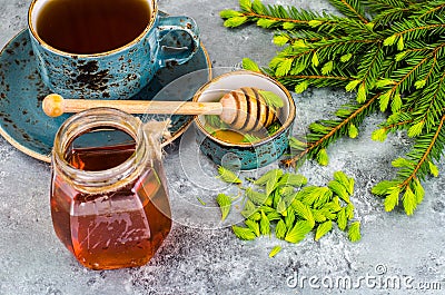 Honey, jam from green spruce shoots Stock Photo