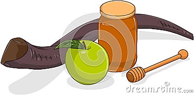 Honey Jar Apple And Shofar For Yom Kippur Vector Illustration