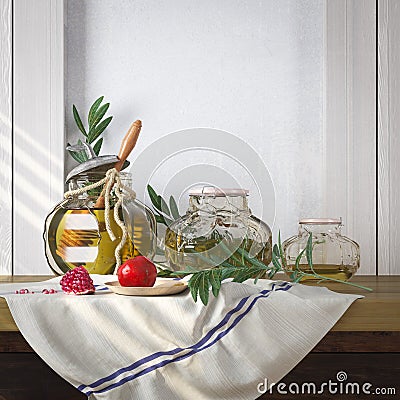 Honey jar with apples and pomegranate Rosh Hashana hebrew holiday Stock Photo