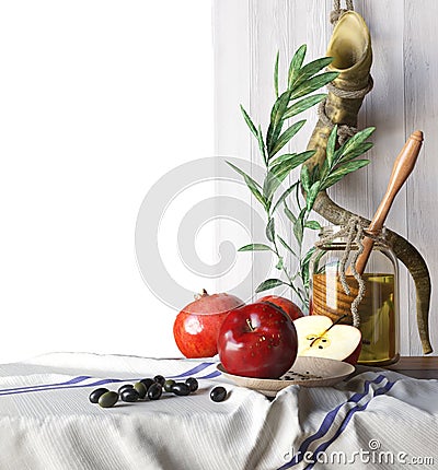 Honey jar with apples and pomegranate Rosh Hashana hebrew religious holiday Stock Photo