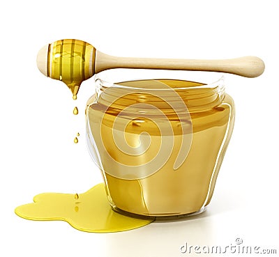 Honey jar and dipper isolated on white background. 3D illustration Cartoon Illustration