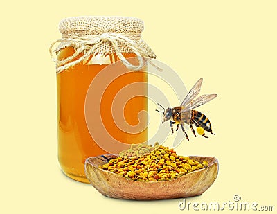 honey in jar, flower pollen Stock Photo