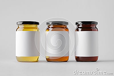 Honey Jar Mock-Up - Three Jars. Blank Label Stock Photo