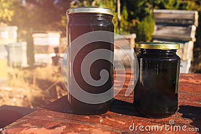 Honey jars in the middle of the bee hives Stock Photo