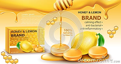 Honey and lemon drops with natural extracts. Calming effect. Antibacterial and anti-inflammatory. Place for text Vector Illustration