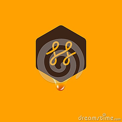 Honey logo. Honey emblem. Letter H in a hexagon with a drop of honey on a yellow background. Vector Illustration