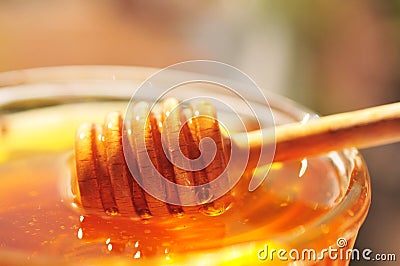 Honey macro with wooden honey dipper and glass jar. Stock Photo