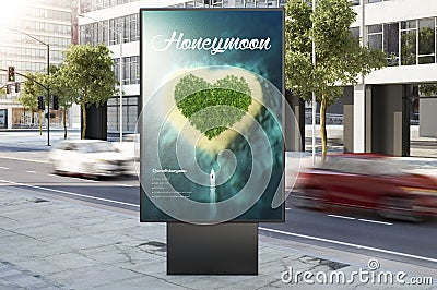 honey moon advertisement marketing billboard on city street Stock Photo