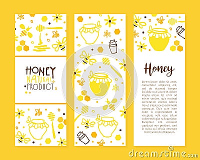 Honey Natural Product Card, Organic Honey and Apiary Banner, Poster, Flyer, Brochure with Space for Text, Eco Healthy Vector Illustration