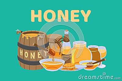 Honey natural products cartoon vector illustration. Wooden barrel and jars of different sorts of honey and honeycomb Vector Illustration