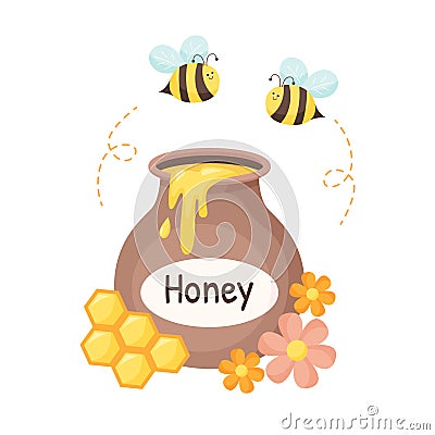 Honey pot with bees, flowers, and honeycomb. Isolated illustration for honey label, products, package design Vector Illustration