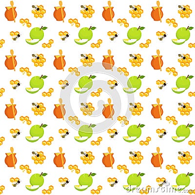 Honey pots, apples and honeycomb seamless pattern Stock Photo