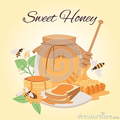 Honey products vector cartoon illustrations. Honey jar, bees, honeycomb pieces and puncakes. Organic and natural honey Vector Illustration