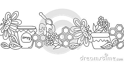 Honey seamless horizontal border. Beekeeping, apiary. Line art vector illustration Vector Illustration