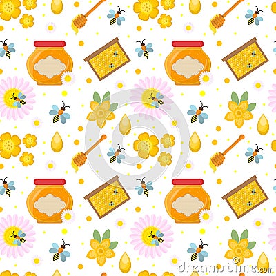 Honey seamless pattern. Beekeeping endless background, texture. Vector illustration. Vector Illustration