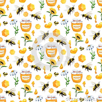 Honey seamless pattern with bees, jar of honey, sunflowers, honeycombs, daisies Stock Photo