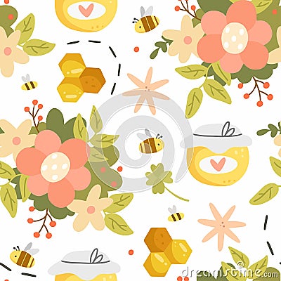 Honey seamless pattern with different objects in a cute cartoon style. Vector illustration. Pattern with bees, honey, honeycomb, Vector Illustration