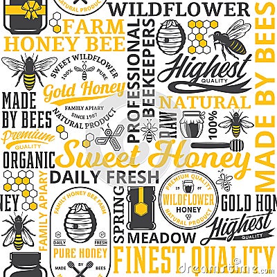 Honey seamless pattern, logo and icons Vector Illustration