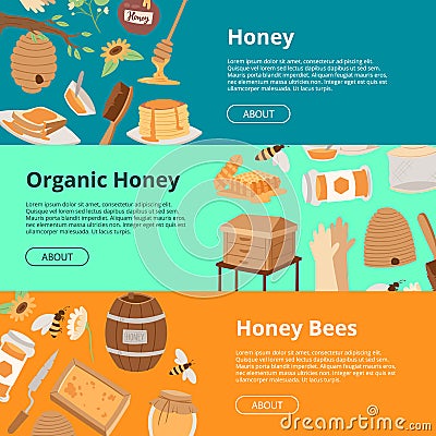 Honey set of banners. Cartoon honeycomb, bee, pod, flowers, pancake, honey jar vector illustration. Brochure, poster Vector Illustration
