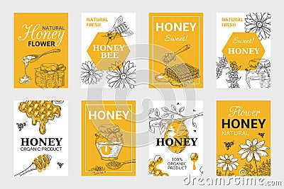 Honey sketch poster. Honeycomb and bees flyer set, organic food design, beehive, jar and flowers layout. Vector hand Vector Illustration