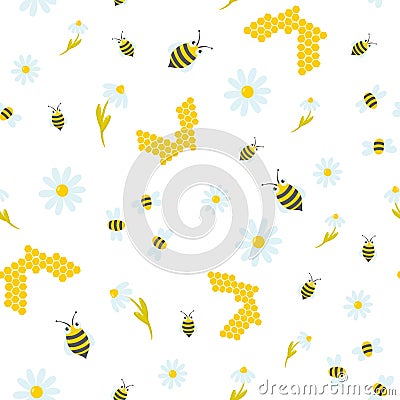 Honey sotes, bees and flowes vector seamless pattern Vector Illustration