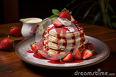 Honey strawberry pancakes. Generate Ai Stock Photo