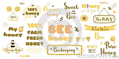Honey text set bee words phrases Typography quotes yellow honeycomb frames ribbon thought heading. Vector Illustration