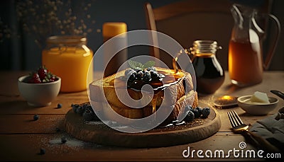 Honey toast with blueberries on wooden table, food closeup Stock Photo