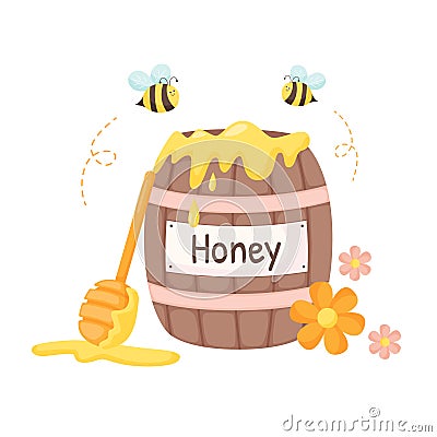 Honey wooden barrel with bees, flowers, and dipper. Isolated illustration for honey label, products, package design Vector Illustration