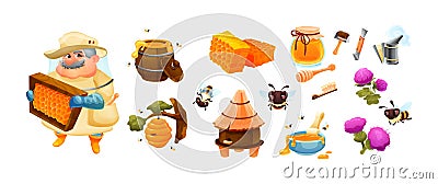 Honey in wooden barrel and can set. Man beekeeper apiary owner in uniform costume holding honeycomb Vector Illustration