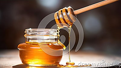 Honey's Golden Touch: Cinematic Still Life with Wooden Dipper Stock Photo