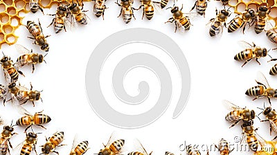 Honeybee Swarm Frame, Honeycomb Border on White Background with Copy Space for Text, Isolated Stock Photo