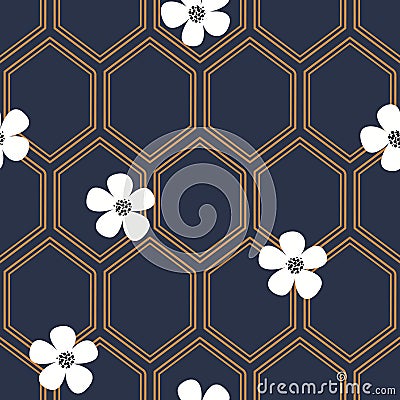 Honeycomb cells geometric lines seamless vector pattern. Geometry linear diamond tile grid pattern dark blue with rustic Stock Photo